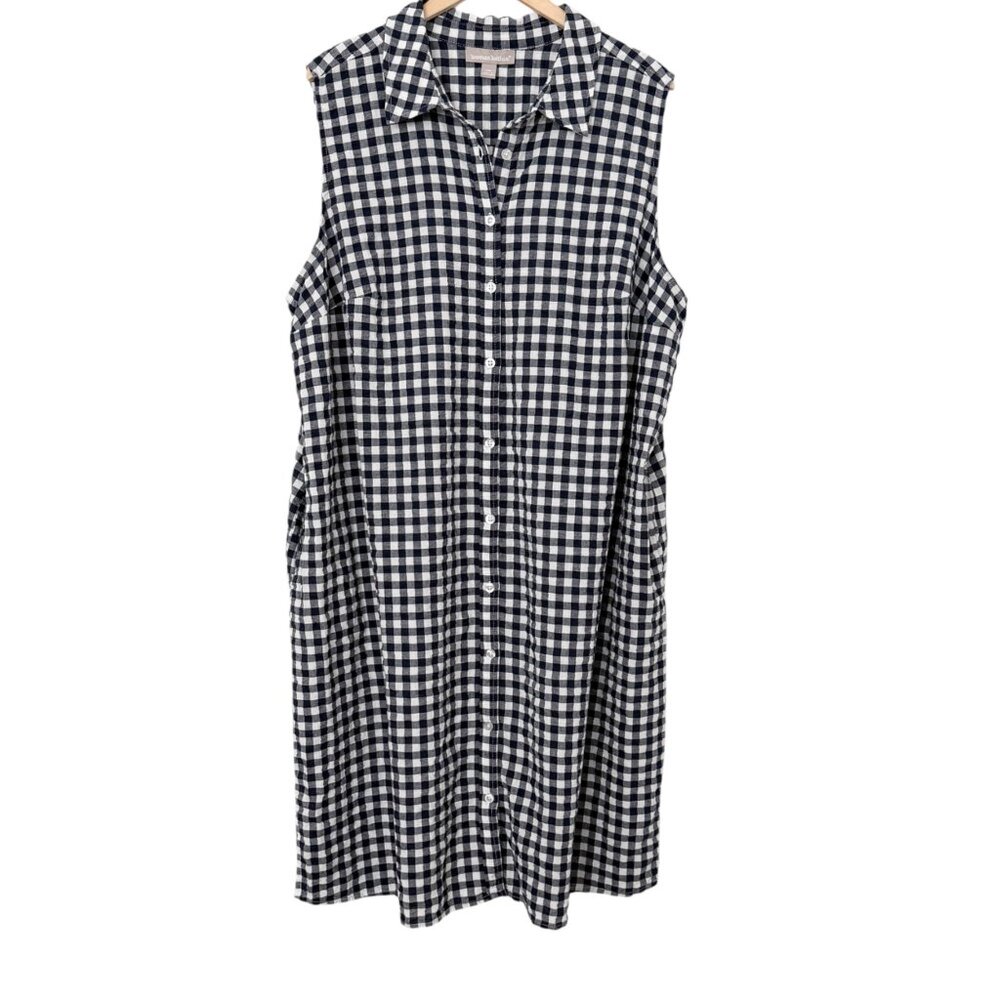 Women Within Blue White Checkered Gingham Seersucker Sleeveless Shirt Dress 28W